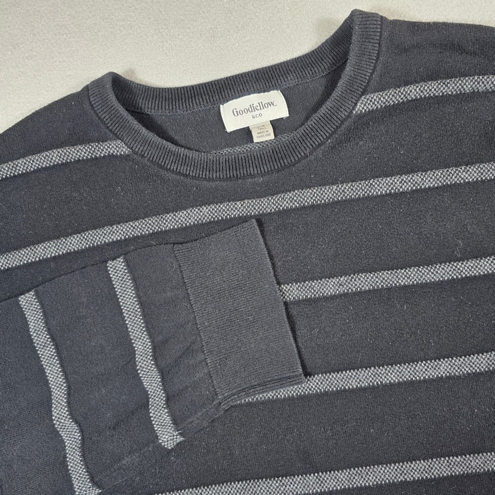Goodfellow Mens 3XB Tall Black Striped Crewneck Sweater 100% Cotton Long Sleeve - Picture 2 of 8